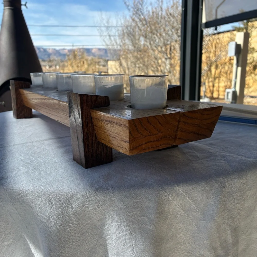 Wooden Candle Holder Oak Heavy Two Toned Wood 6 Glass Votives Included as Shown